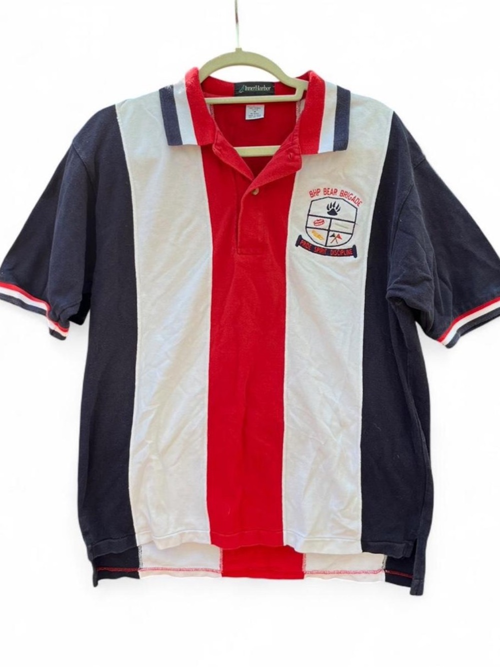 Vintage 90s Bear Brigade Striped Polo Shirt - Red/White/Navy